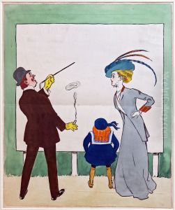 Family looking at a poster by Edouard Saunier