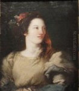 Portrait of young lady with a red bow in the head by Giovanni Domenico Tiepolo