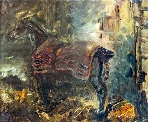 Cheval noir a l'ecurie