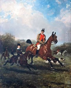 Le comte Geoffroy de Ruille chassant a courre, son fils a ses cotes, le chateau de Gallerande au fond by Rene Pierre Charles Princeteau