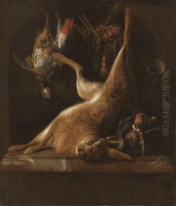 A dead hare and partridge with hawking equiptment on a ledge