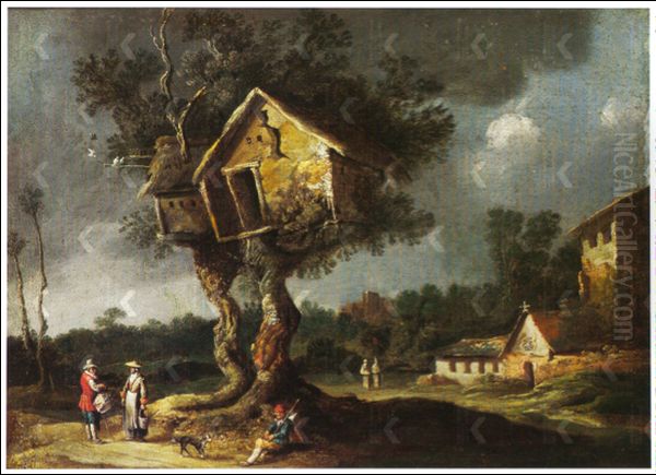 Landscape with Travelers underneath a Dovecote, Monastery on the Right - view 1