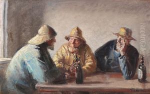 The fishermen Andreas Carlsen, Ole Malmer and Thomas Peter Larsen getting a beer after work. by Michael Peter Ancher