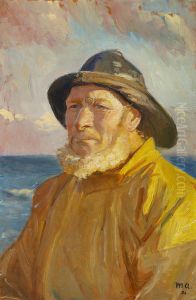 Fisherman wearing a raincoat and a sou'wester. Fisherman wearing a raincoat and a sou'wester.