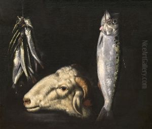 Still life with ram's head and hanging fish Still life with ram's head and hanging fish