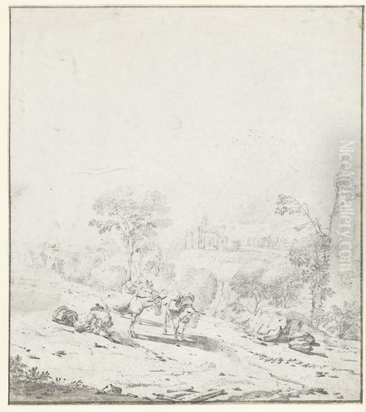 Italian Landscape with Resting Traveller with Donkeys - view 1
