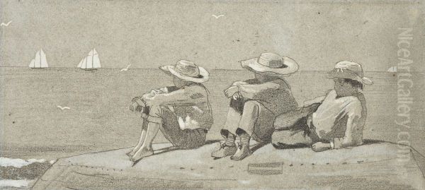 Three Boys on a beached Dory - view 1