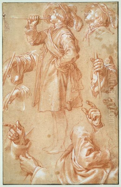 Studieblad met staande trompetter, handen en armen - view 1