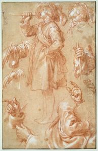 Studieblad met staande trompetter, handen en armen by Abraham Bloemaert