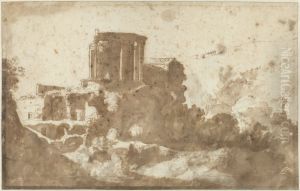 The temple of Sibylle in Tivoli by Cornelius van Poelenburgh