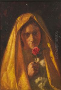 Young woman with a rose. by Cilius Andersen
