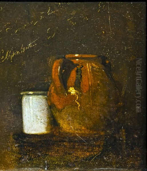 Still life, two glazed earthenware pots. - view 1