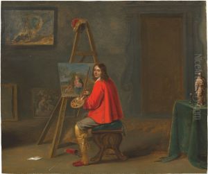 Portrait of the artist seated before an easel by Christoffel Jacobsz van der Laemen