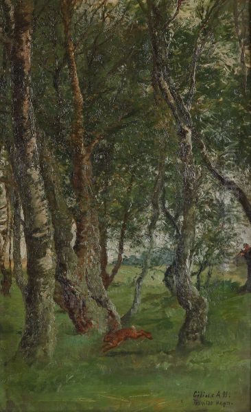 A hare and a hunter in the woods. - view 1