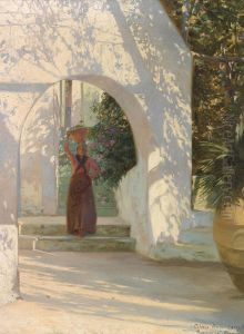 An Italian woman with a jar on her head, Anacapri.