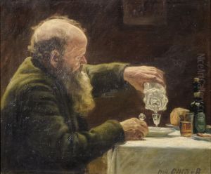 Mand siddende ved bord. by Cilius Andersen