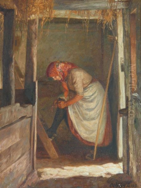 Stable interior with a young woman. - view 1