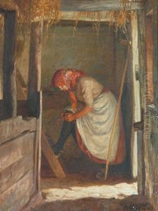Staldinterior med ung pige der retter pa sin strompe. by Cilius Andersen