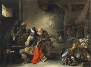 A soldier playing tric-a-trac with peasants in a tavern by Christoffel Jacobsz van der Laemen