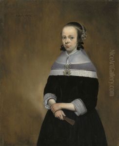 Portrait of a lady, three-quarter-length, in black, holding a fan by Caspar Netscher