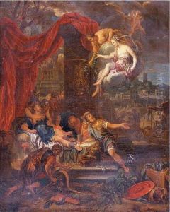 Aeneas wounded in the leg healed with magic herbs by Venus