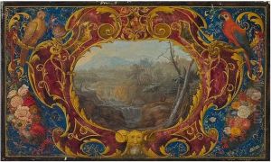 Cartouche with floral decoration and two parrots around a landscape