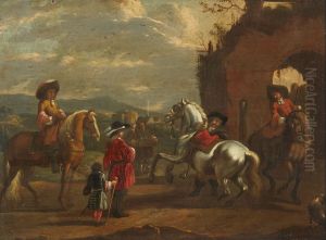 Landscape with riders and a hawker by Carel van Falens or Valens