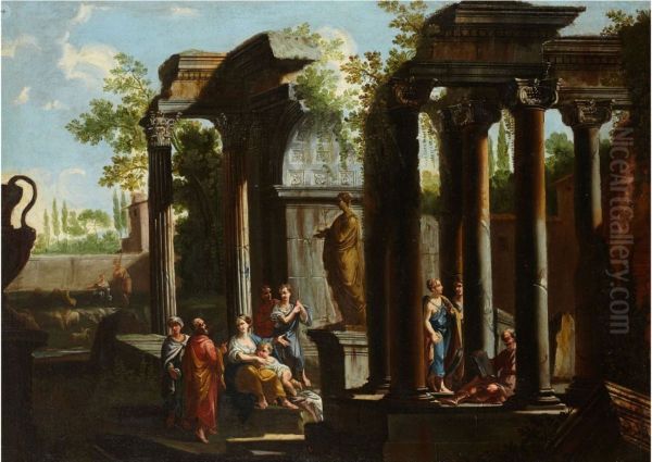 Figures near a statue in an architectural palace - view 1