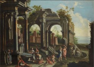 Figures near a fountain in an architectural palace by Ascanio Luciano