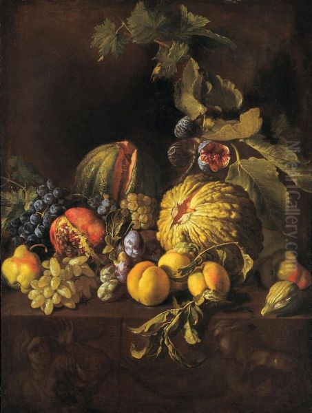 Still life with pumpkin, grapes and pears - view 1
