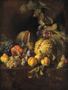 Still life with pumpkin, grapes and pears