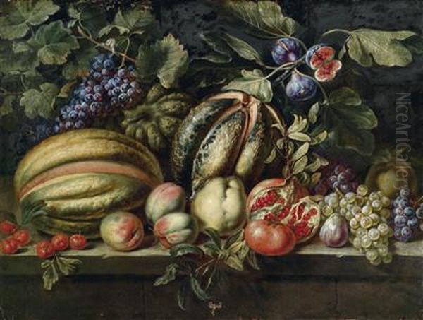 A still life of fruit with melons, grapes, figs, quinces, cherries, peaches and a pomegranate - view 1