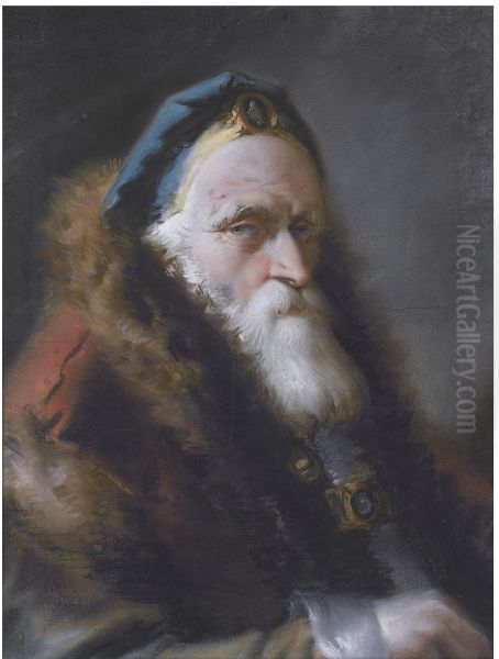 Portrait Of An Oriental Wearing A Bejewelled Blue Hat And A Red Fur-Trimmed Coat - view 1