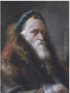 Portrait Of An Oriental Wearing A Bejewelled Blue Hat And A Red Fur-Trimmed Coat by Lorenzo Tiepolo