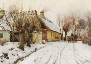Vinterdag i landsbyen med hestevogn pa vejen. by Peder Mork Monsted