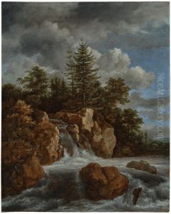 A wooded landscape with a waterfall by Jacob Van Ruisdael