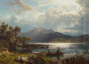 Shimmering mountain lake with girls in a boat by August Wilhelm Leu