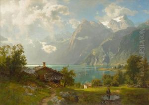 Blick auf den Vierwaldstattersee mit Wascherin und Kind by August Wilhelm Leu