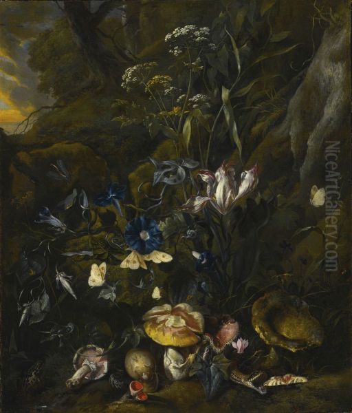 Forest floor still-life with flowers, mushrooms, butterflies, a snake, a frog, and a dragonfly - view 1