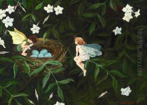 Two fairies keeping watch over a bird's nest. by Valdemar Andersen