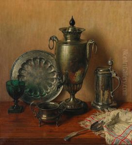 Still life with samovar and tableware in silver. by Wilhelm Andersen