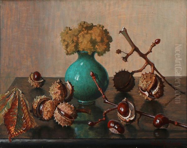 Still life with chestnuts and a green vase. - view 1