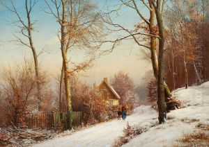 A woman and a boy on a country road in winter. by Anders Andersen-Lundby