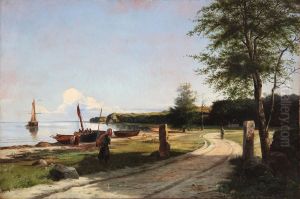 Kystparti fra Nordsjaelland med fiskere pa stranden. by Anders Andersen-Lundby