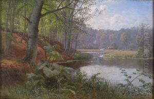 Landscape with beech trees, a river and some cows. by Anders Andersen-Lundby