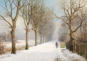 A man on a snow covered avenue.