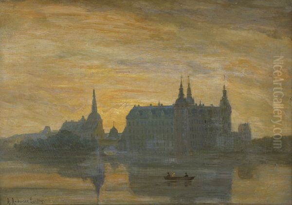 Frederiksborg Castle as evening falls. - view 1