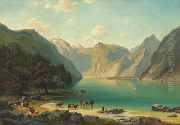 Alpine landscape, Watering the cows - view 1