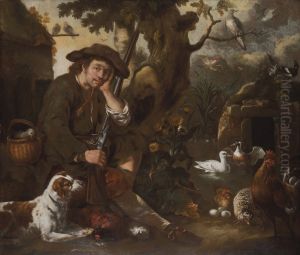 Hunter sitting by a tree, with a dog and birds by Bernhard Keil, Monsu Bernardo