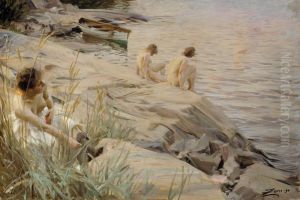 Girls Bathing in the Open Air (Out of Doors) ; Bathing Girls, Outside ; Outdoors by Anders Zorn